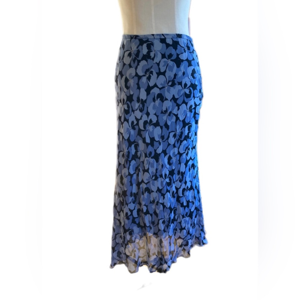 Y2K Vintage Jones New York Blue Pansies Silk Watercolor Semi-Sheer Skirt Size 12